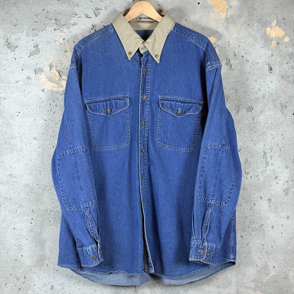 Woolrich Shirt Mens XL Blue Denim Cotton Elbow Patch Dark Wash Button Down